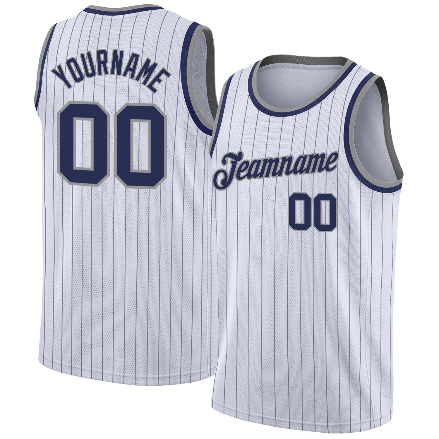 Custom White Navy Pinstripe Navy-Silver Gray Authentic Throwback Basketball Jersey