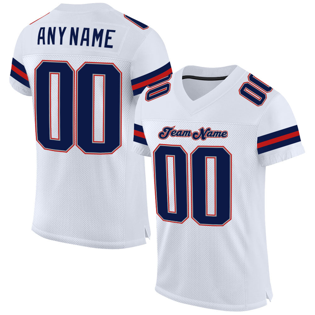 Custom White Navy-Scarlet Mesh Authentic Football Jersey