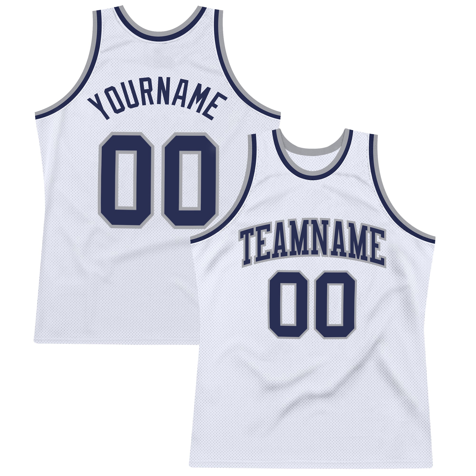 Custom White Navy-Silver Gray Authentic Throwback Basketball Jersey