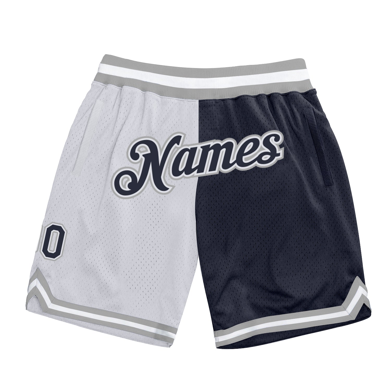 Custom White Navy-Silver Gray Authentic Throwback Split Fashion Basketball Shorts