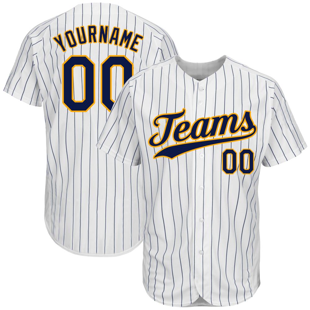 Custom White Navy Pinstripe Navy-Gold Authentic Baseball Jersey