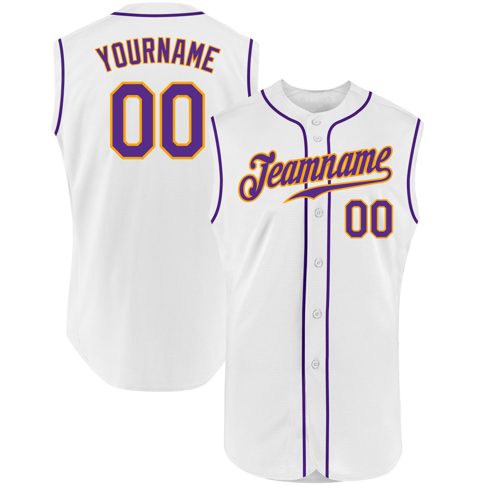 Custom White Purple-Gold Authentic Sleeveless Baseball Jersey