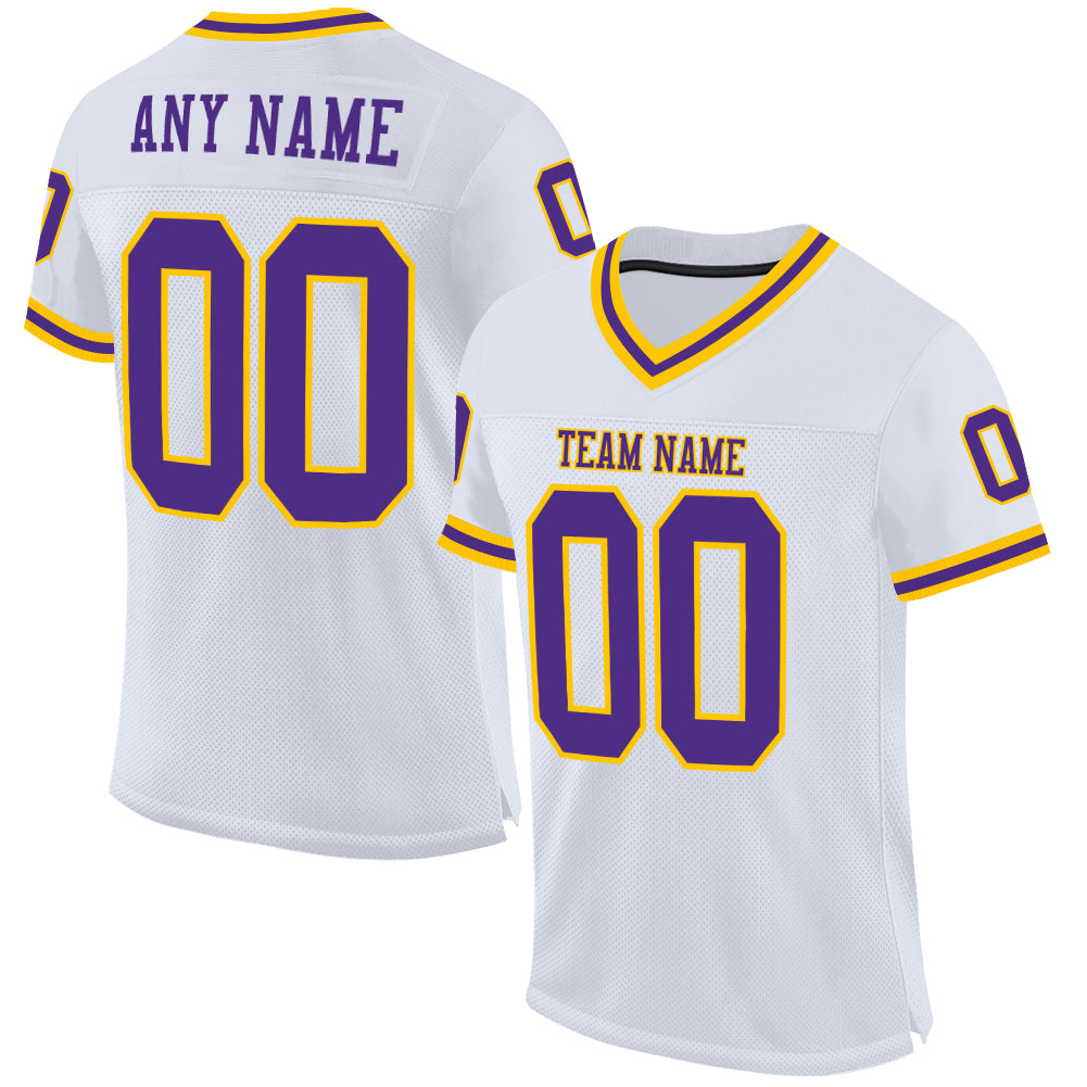 Custom White Purple-Gold Mesh Authentic Throwback Football Jersey