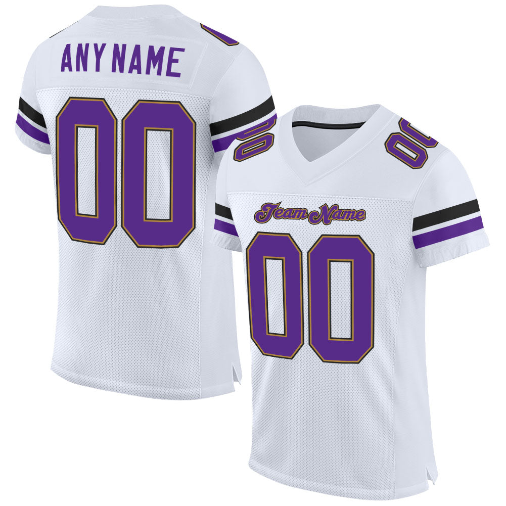 Custom White Purple-Old Gold Mesh Authentic Football Jersey