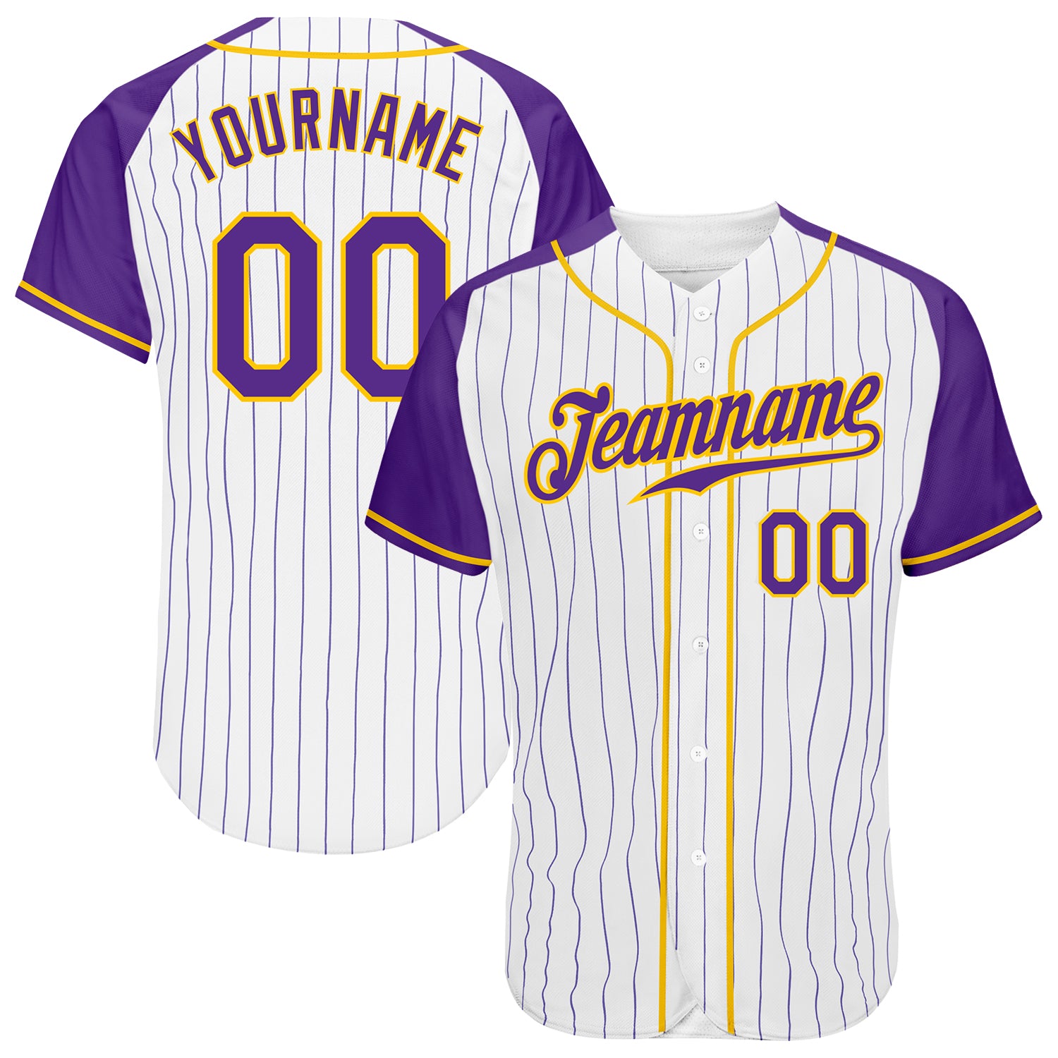 Custom White Purple Pinstripe Purple-Gold Authentic Raglan Sleeves Baseball Jersey