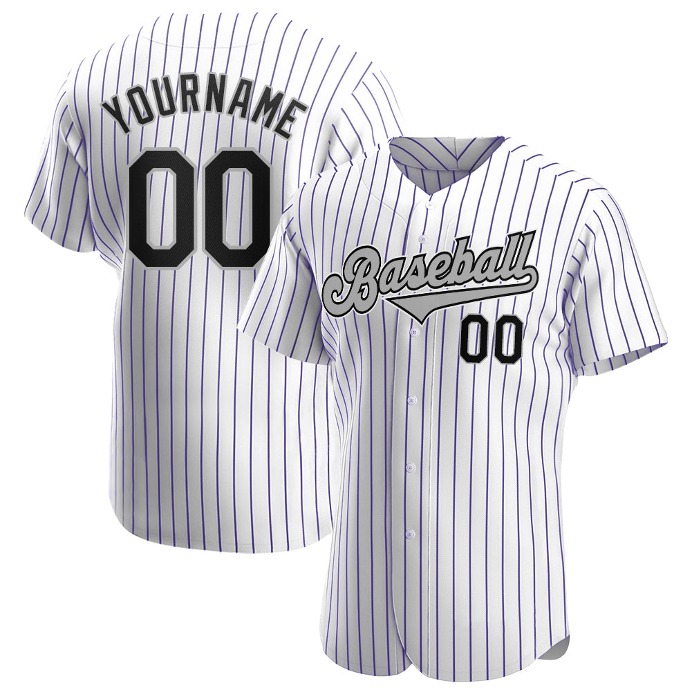 Custom White Purple Pinstripe Black-Gray Authentic Baseball Jersey