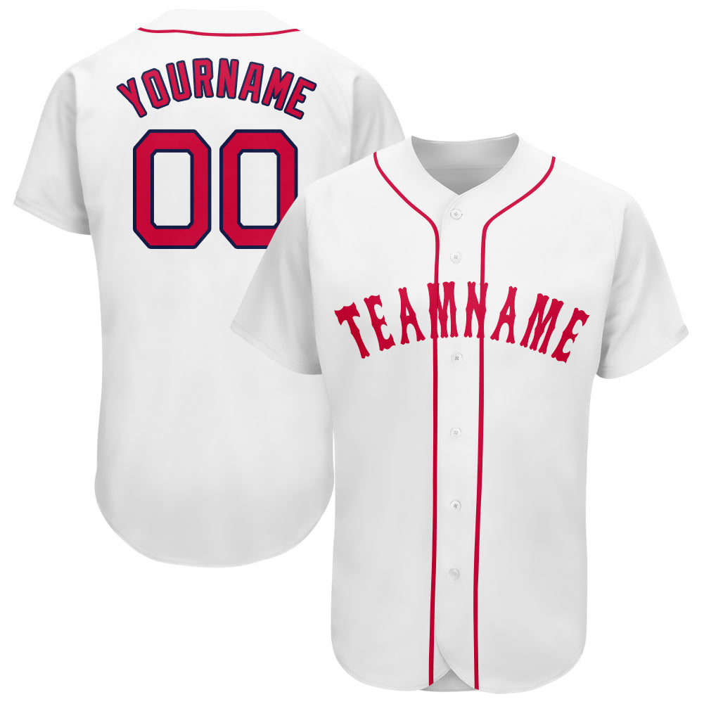 Custom White Red-Navy Baseball Jersey