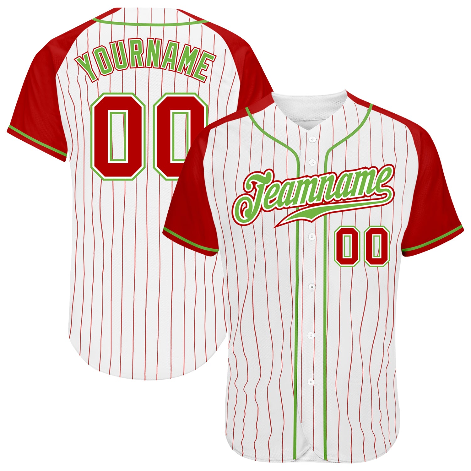 Custom White Red Pinstripe Red-Neon Green Authentic Raglan Sleeves Baseball Jersey