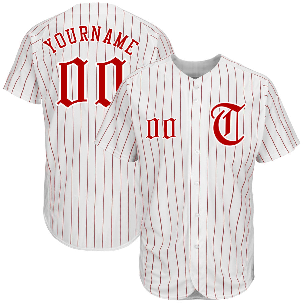 Custom White Red Pinstripe Red-White Authentic Baseball Jersey