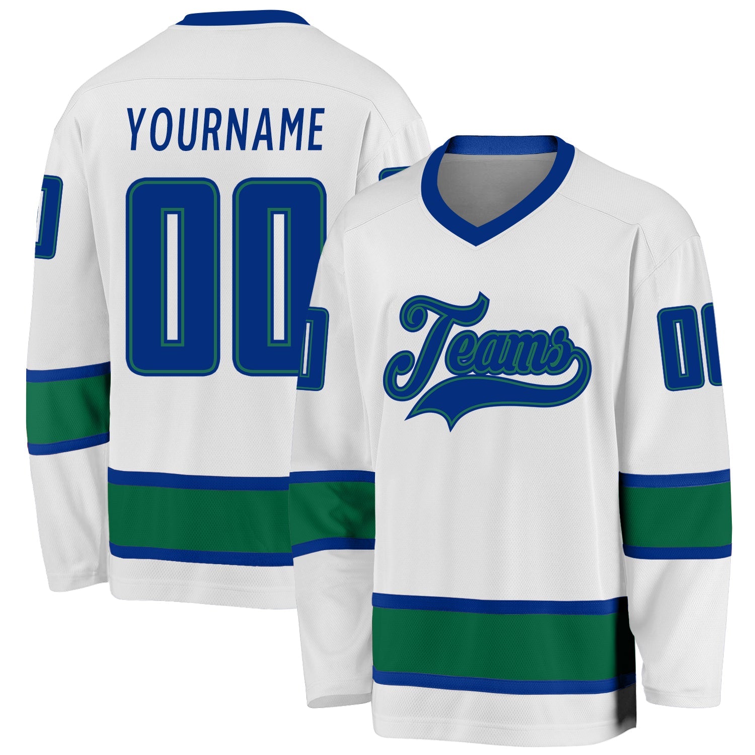 Custom White Royal-Kelly Green Hockey Jersey