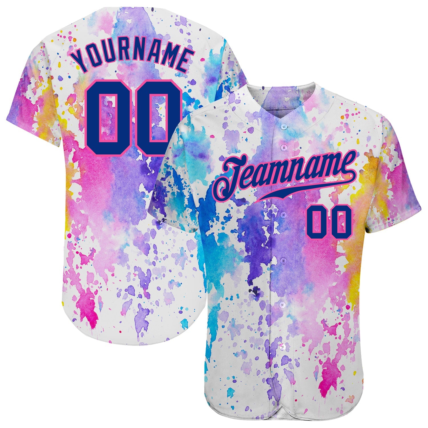 Custom White Royal-Pink 3D Pattern Design Watercolor Authentic Baseball Jersey