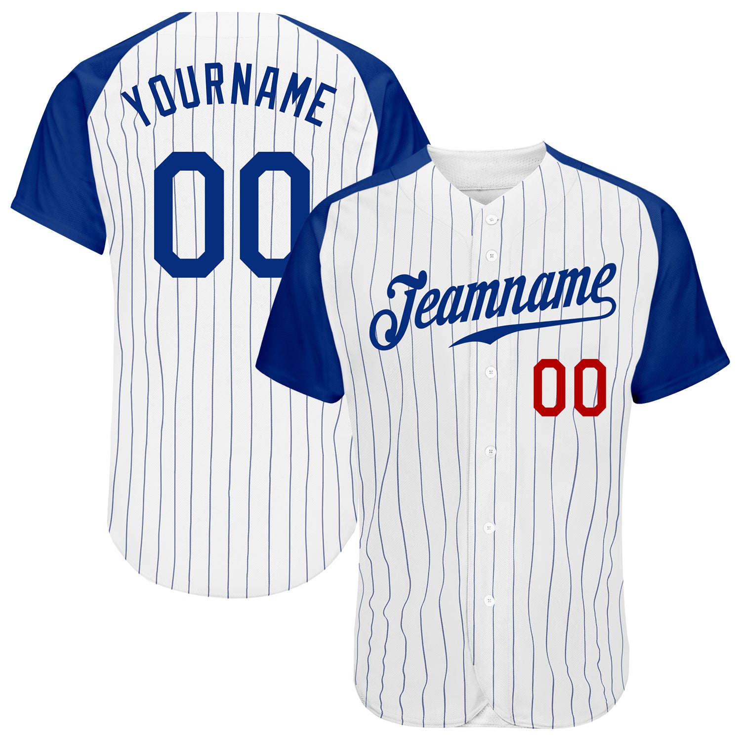 Custom White Royal Pinstripe Royal-Red Authentic Raglan Sleeves Baseball Jersey