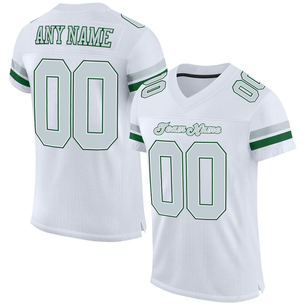 Custom White Silver-Green Mesh Authentic Football Jersey