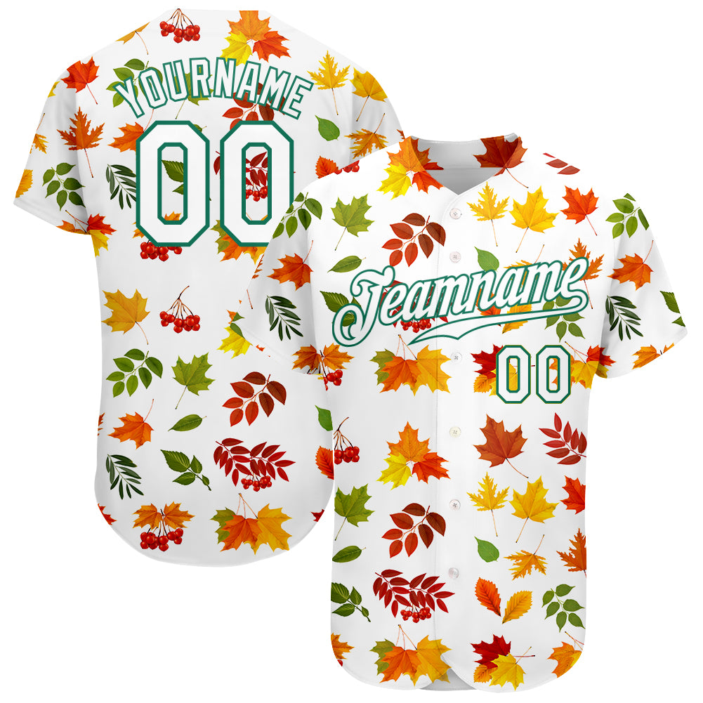 Custom White White-Kelly Green 3D Pattern Design Autumn Leaves Authentic Baseball Jersey