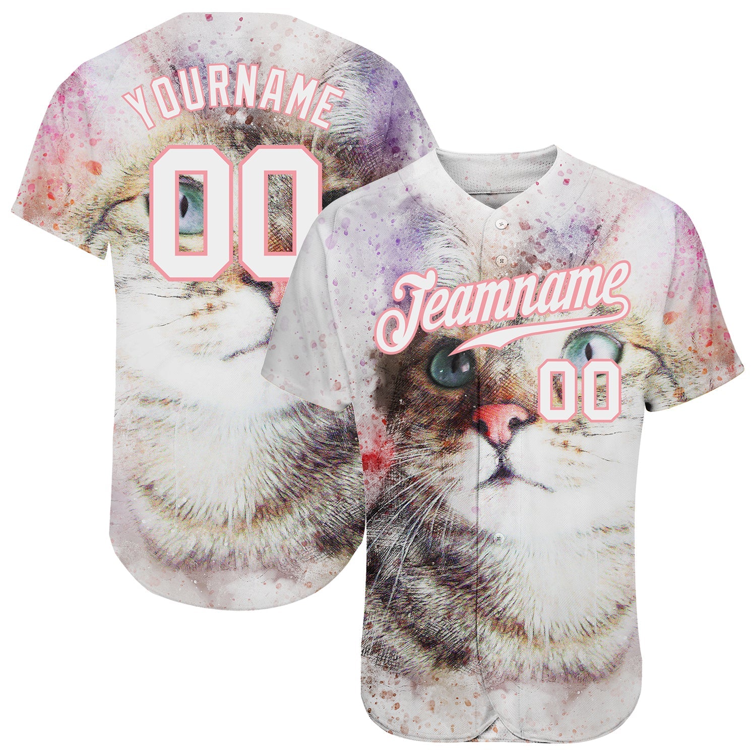 Custom White White-Pink 3D Pattern Design Cat Authentic Baseball Jersey