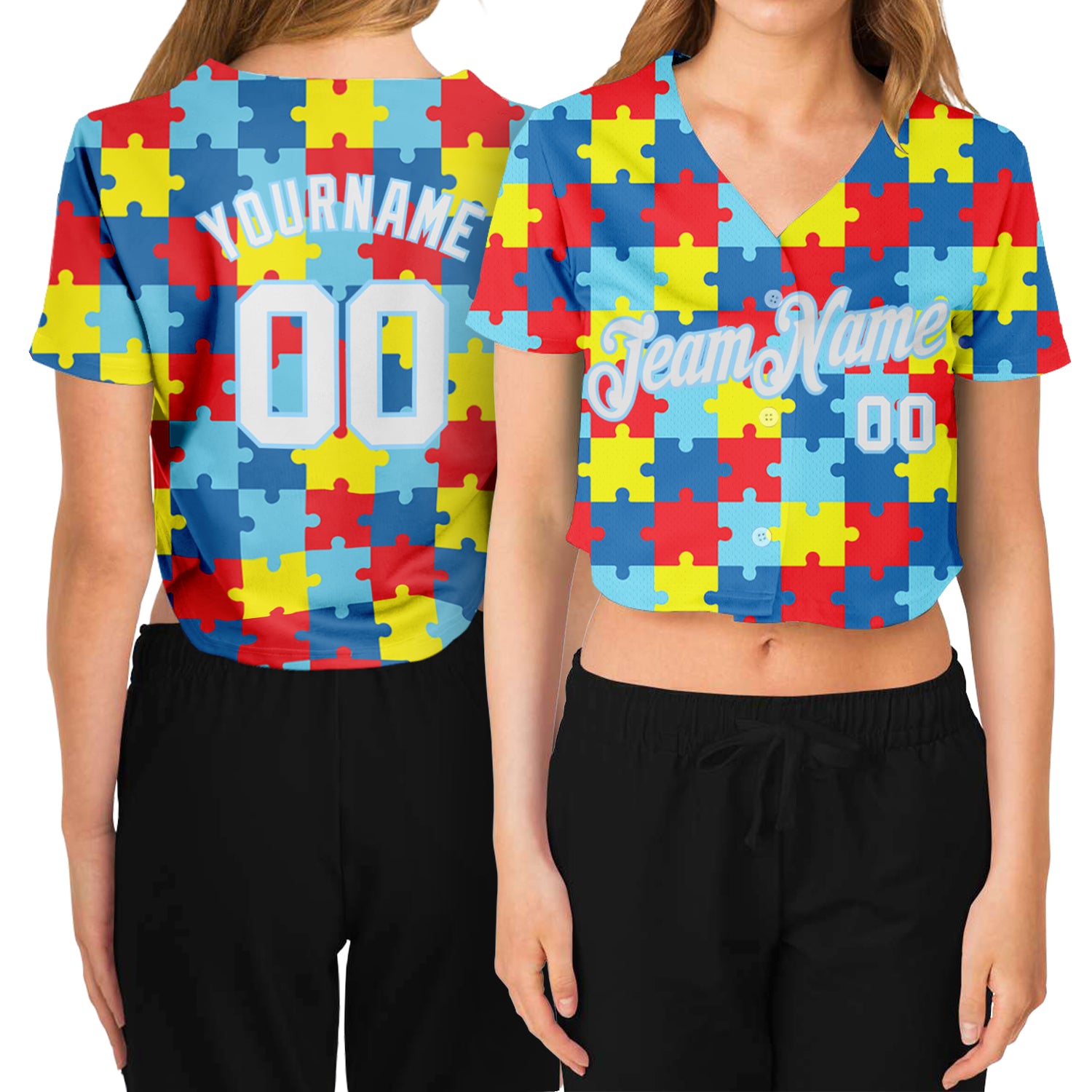 Custom Women's Autism Awareness Puzzle Pieces White-Light Blue 3D V-Neck Cropped Baseball Jersey