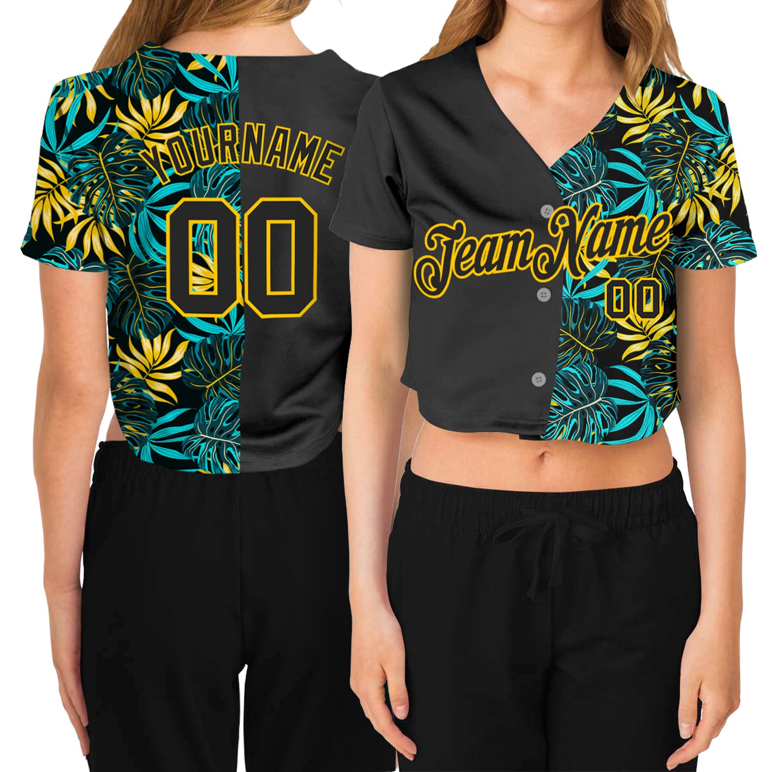 Custom Women's Black Black-Gold Tropical Plants 3D V-Neck Cropped Baseball Jersey