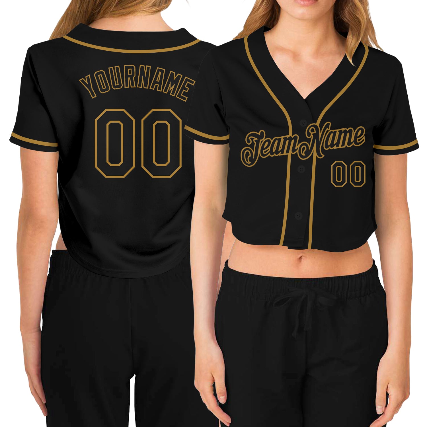 Custom Women's Black Black-Old Gold V-Neck Cropped Baseball Jersey