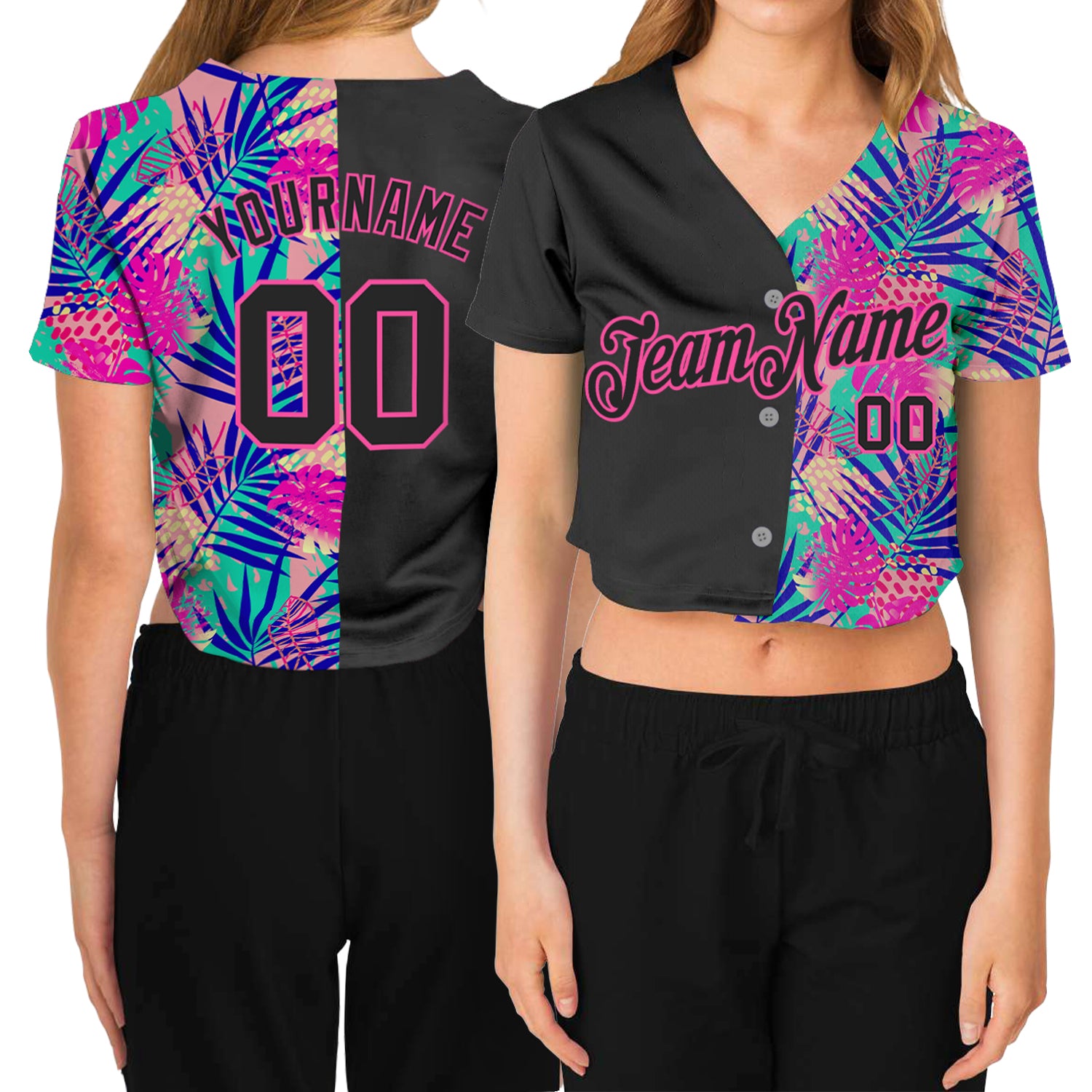 Custom Women's Black Black-Pink Summer 3D V-Neck Cropped Baseball Jersey