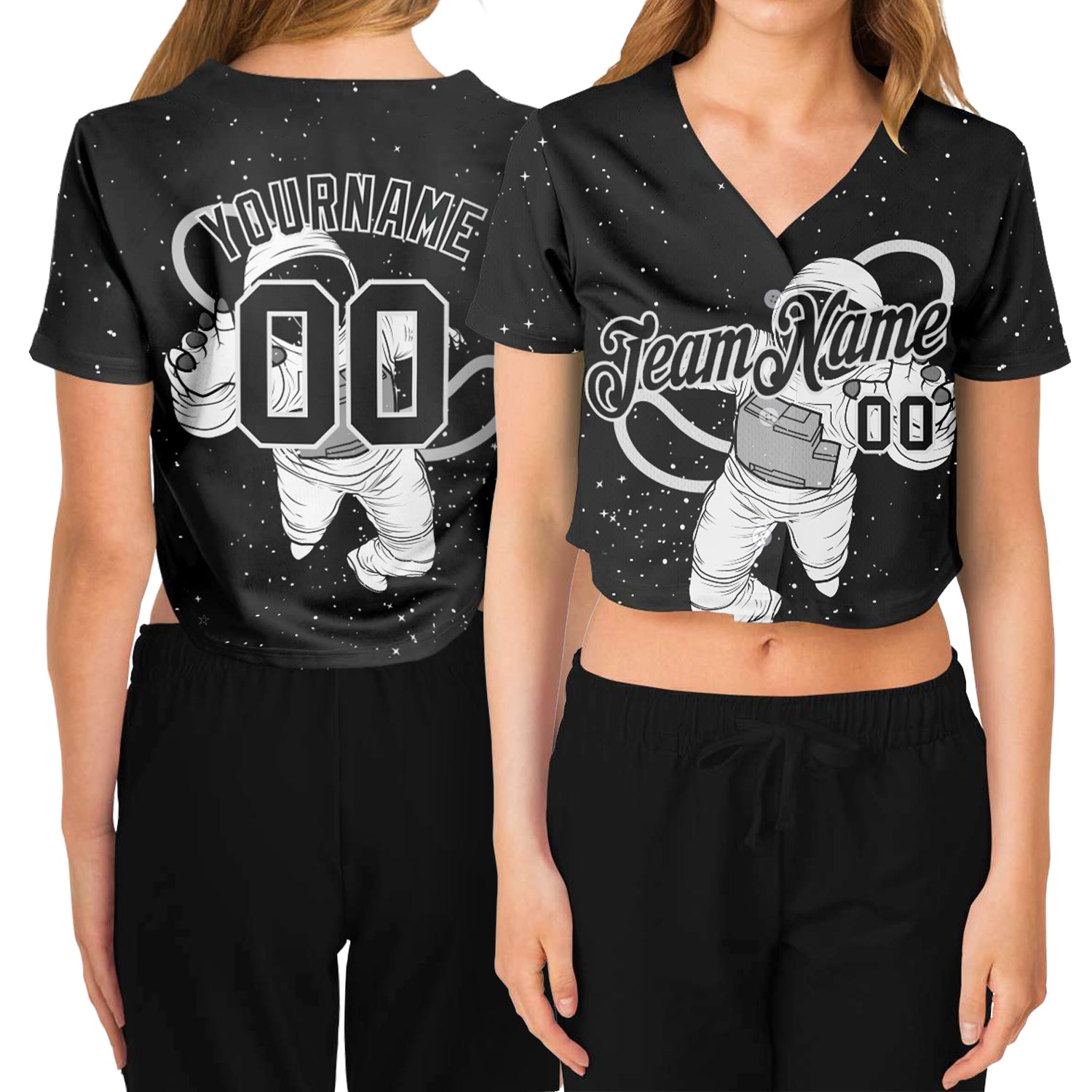 Custom Women's Black Black-White Astronaut 3D V-Neck Cropped Baseball Jersey