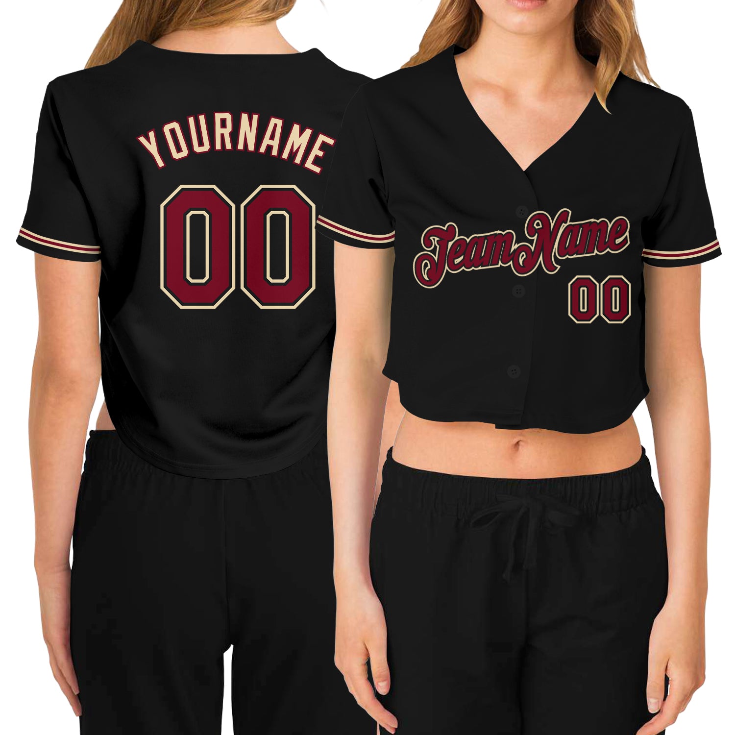 Custom Women's Black Crimson-Khaki V-Neck Cropped Baseball Jersey