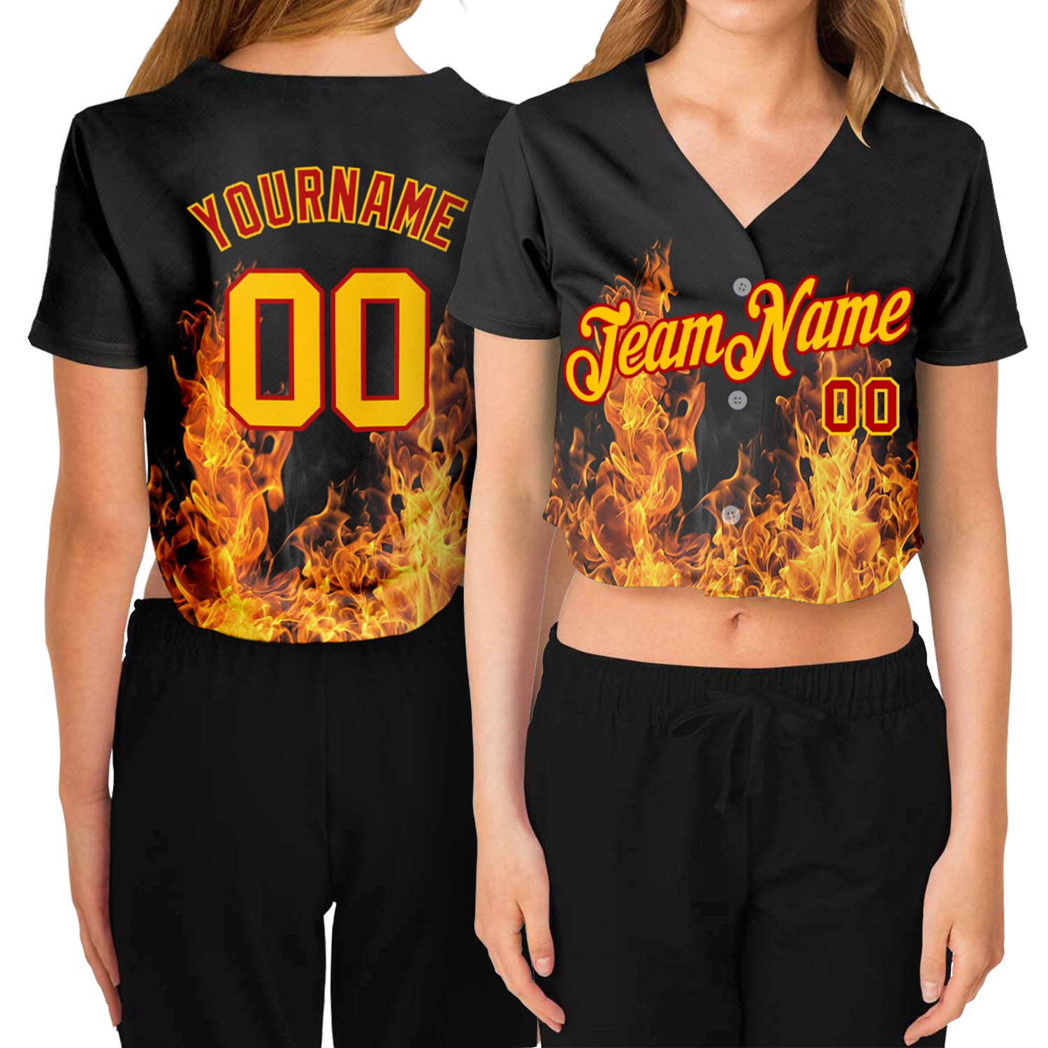 Custom Women's Black Gold-Red Flame 3D V-Neck Cropped Baseball Jersey