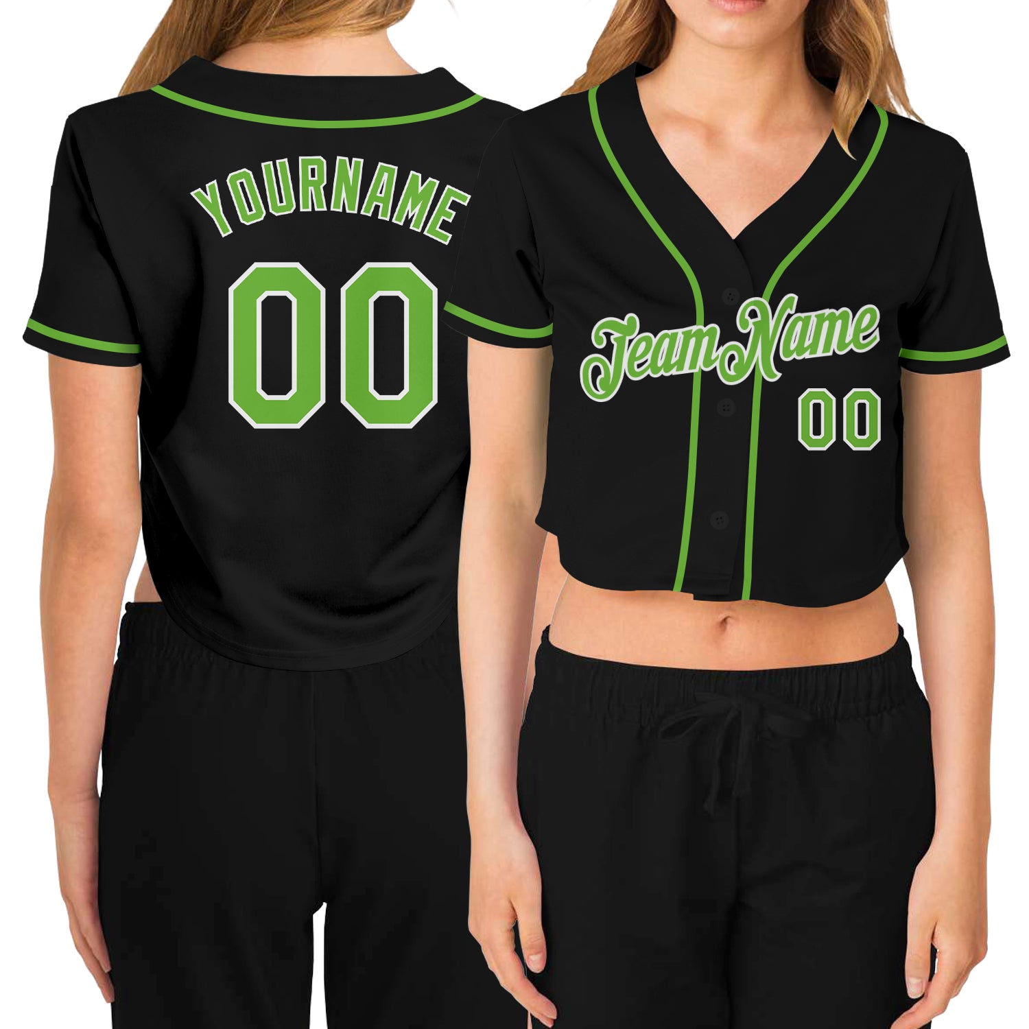 Custom Women's Black Neon Green-White V-Neck Cropped Baseball Jersey