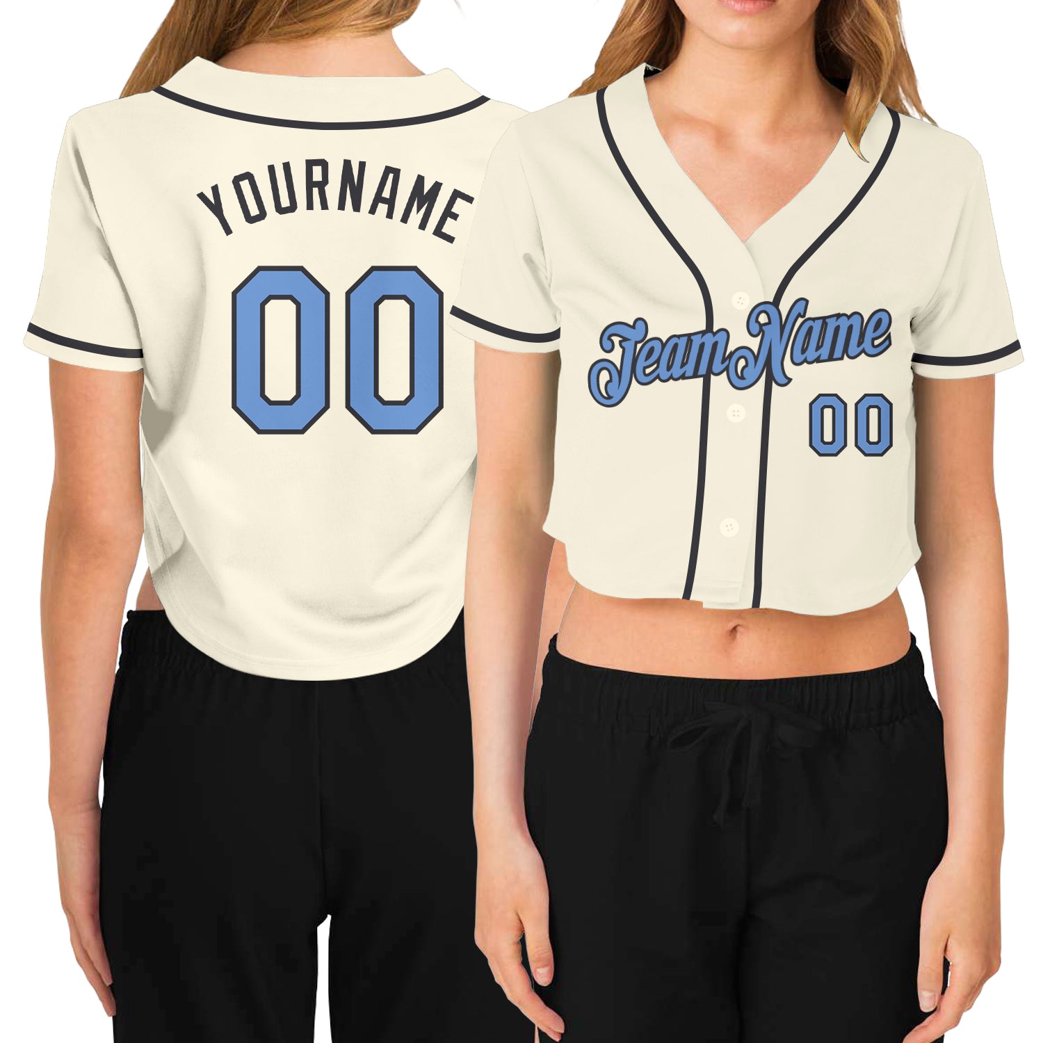 Custom Women's Cream Light Blue-Dark Gray V-Neck Cropped Baseball Jersey