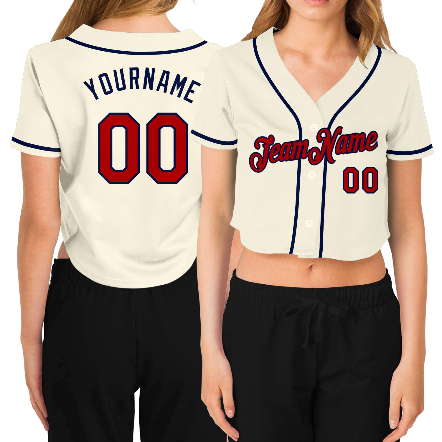 Custom Women's Cream Red-Navy V-Neck Cropped Baseball Jersey