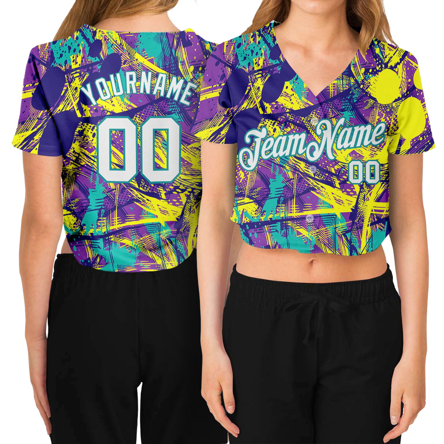 Custom Women's Graffiti Pattern White-Aqua Abstract Urban 3D V-Neck Cropped Baseball Jersey