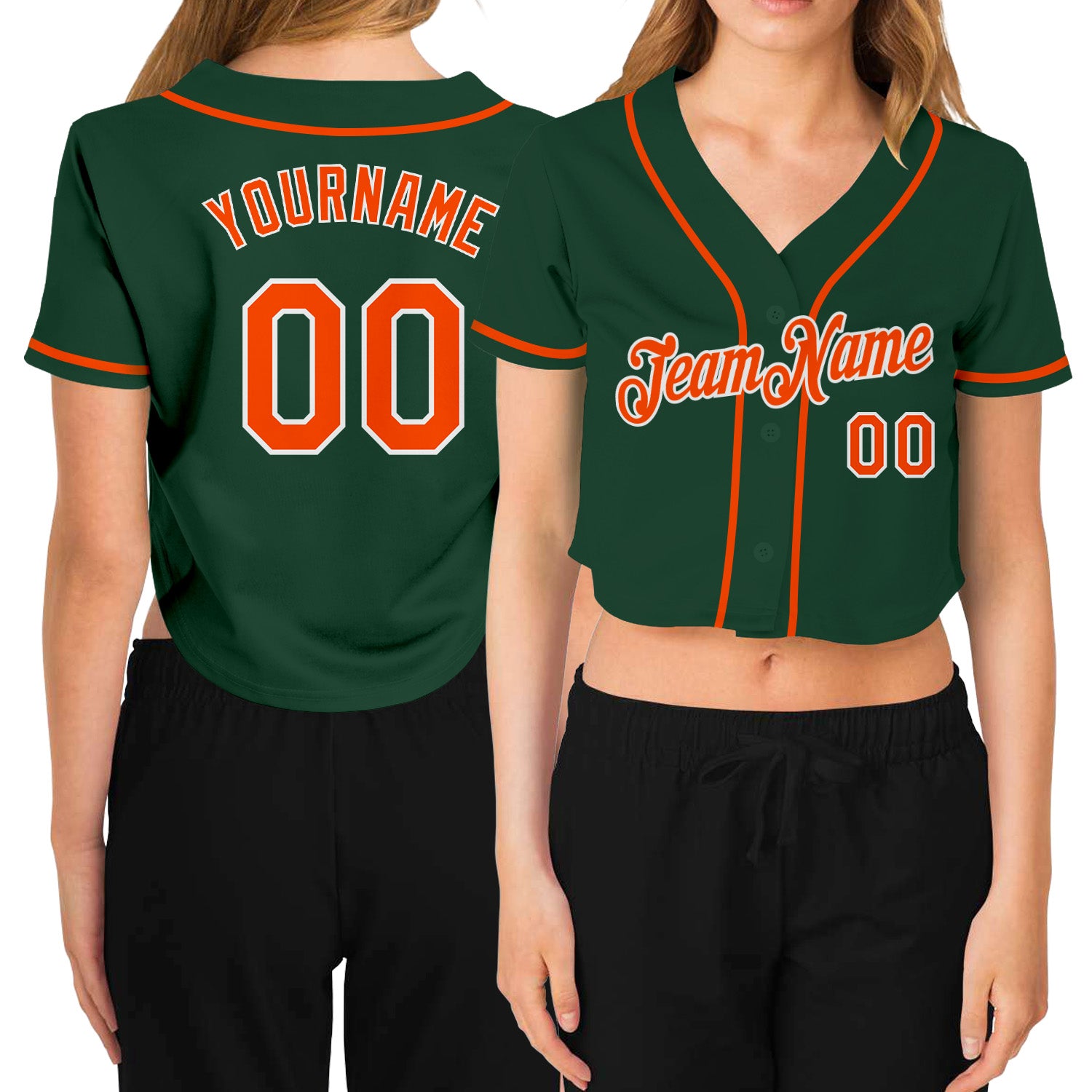 Custom Women's Green Orange-White V-Neck Cropped Baseball Jersey