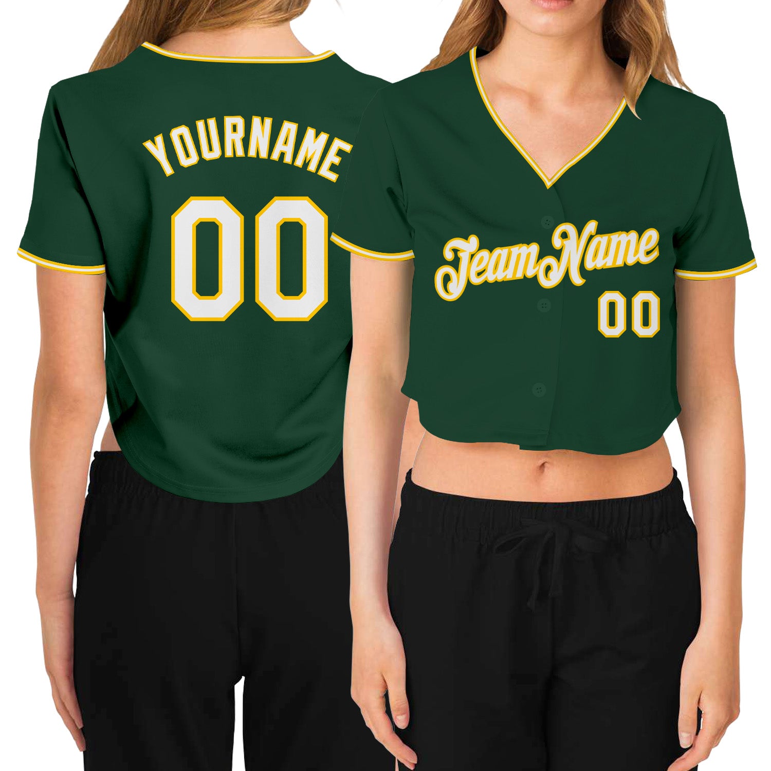 Custom Women's Green White-Gold V-Neck Cropped Baseball Jersey