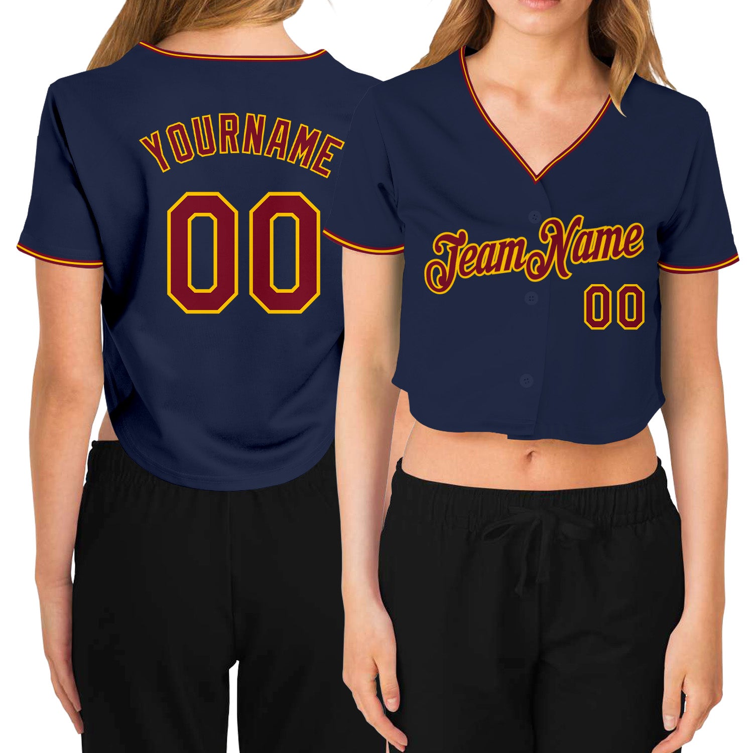 Custom Women's Navy Crimson-Gold V-Neck Cropped Baseball Jersey