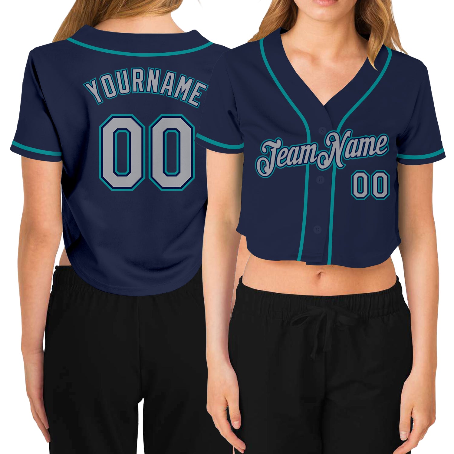 Custom Women's Navy Gary-Aqua V-Neck Cropped Baseball Jersey