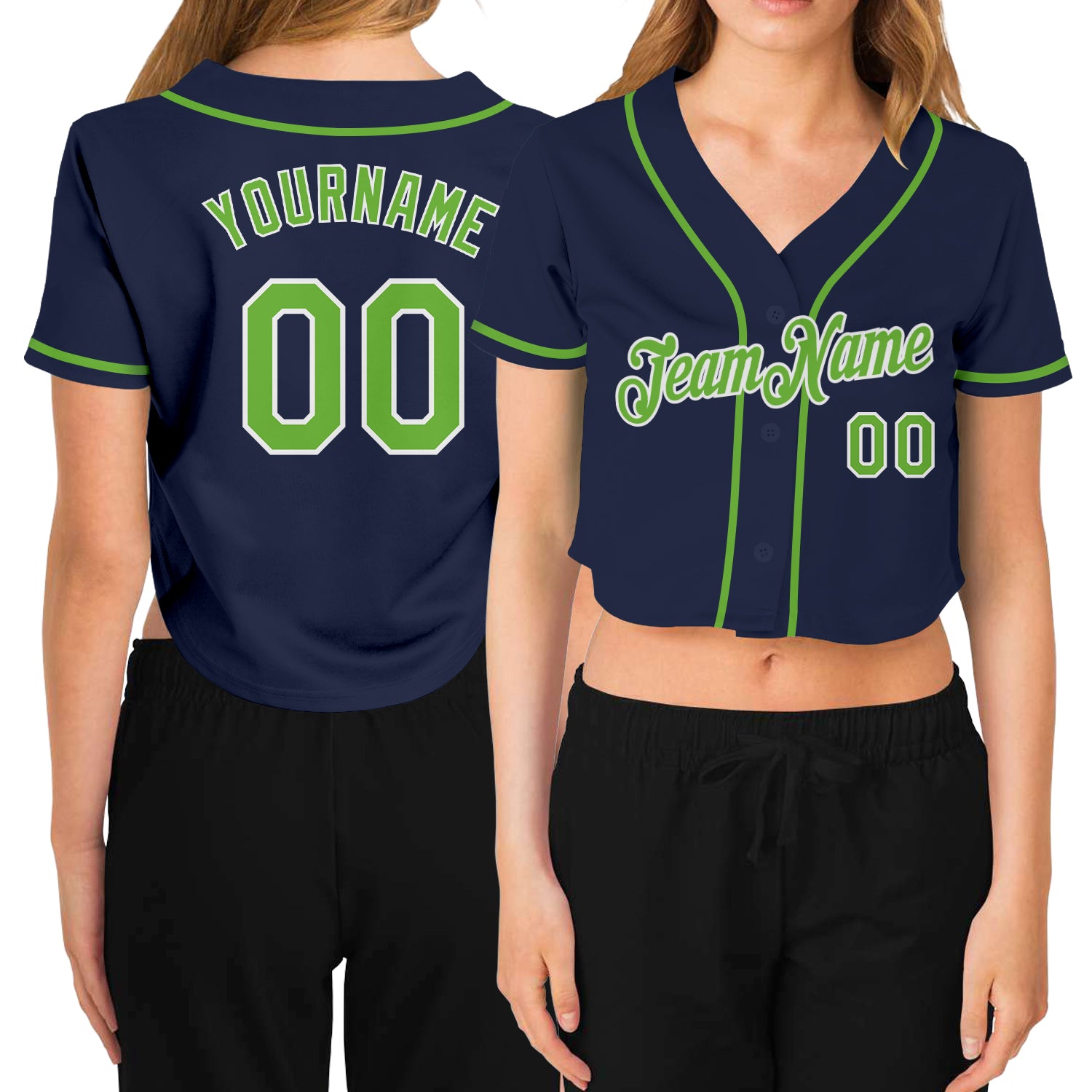 Custom Women's Navy Neon Green-White V-Neck Cropped Baseball Jersey