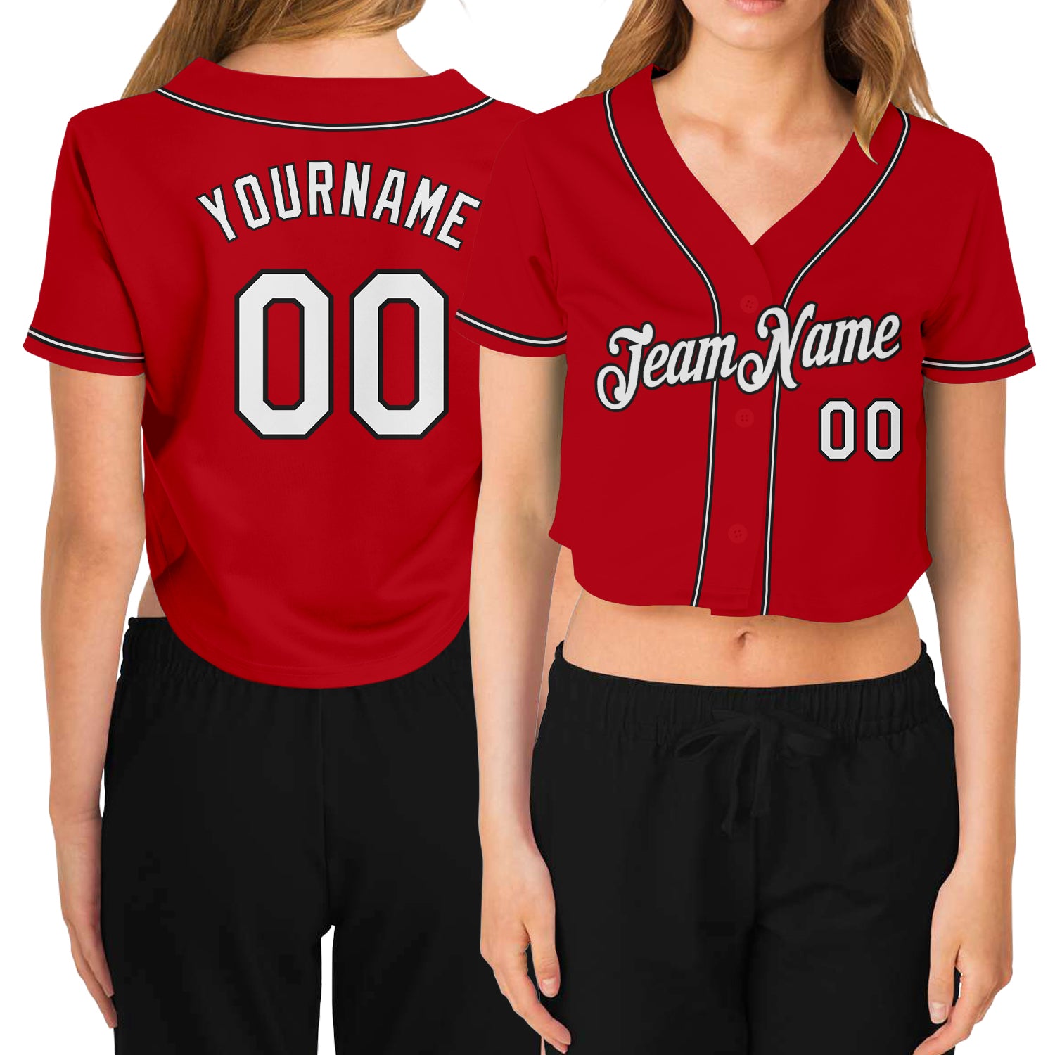 Custom Women's Red White-Black V-Neck Cropped Baseball Jersey