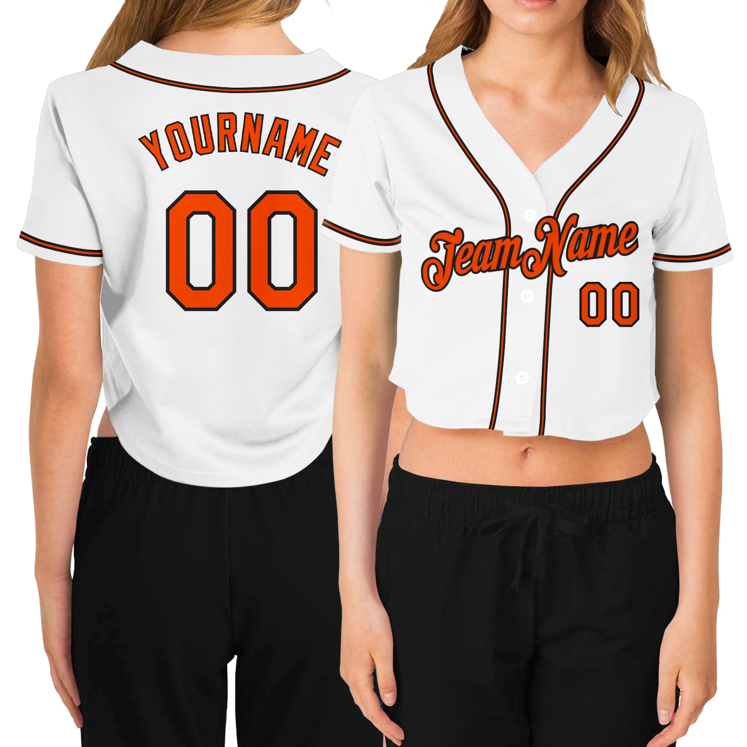 Custom Women's White Orange-Black V-Neck Cropped Baseball Jersey