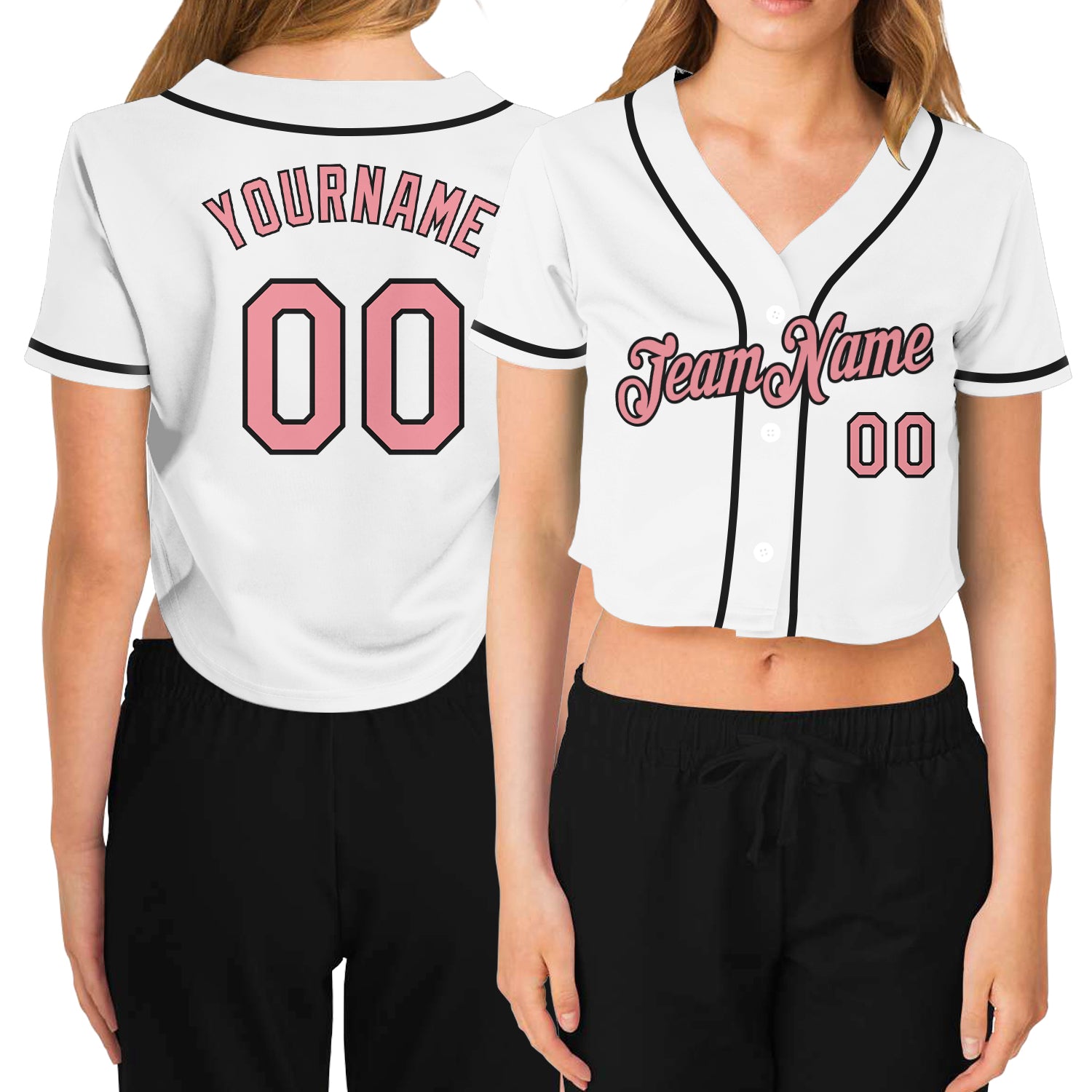 Custom Women's White Pink-Black V-Neck Cropped Baseball Jersey