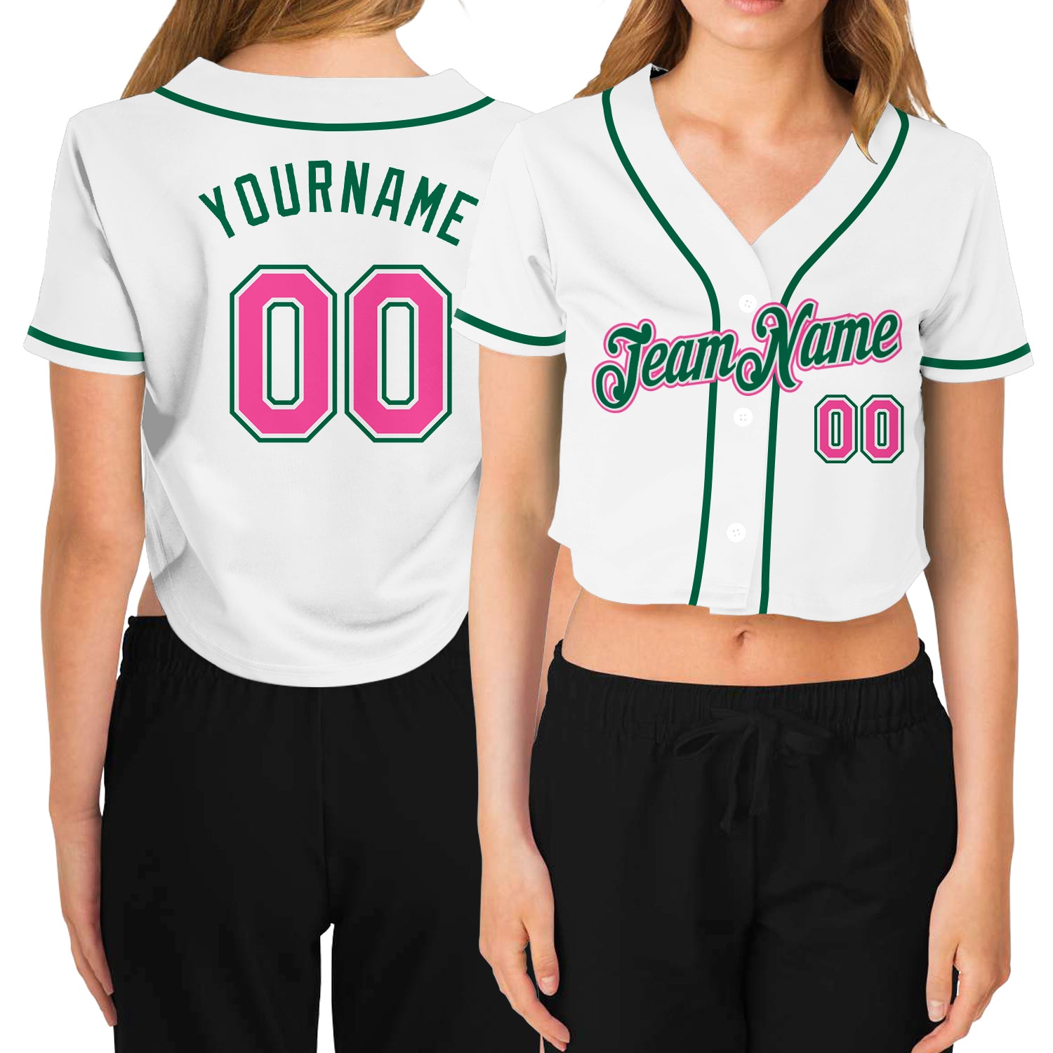 Custom Women's White Pink-Green V-Neck Cropped Baseball Jersey