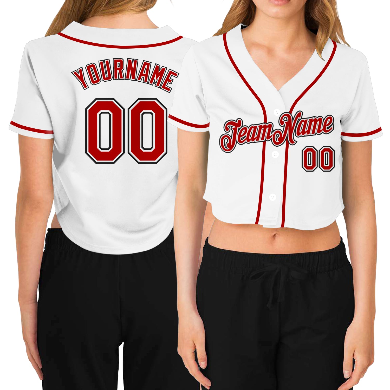 Custom Women's White Red-Black V-Neck Cropped Baseball Jersey