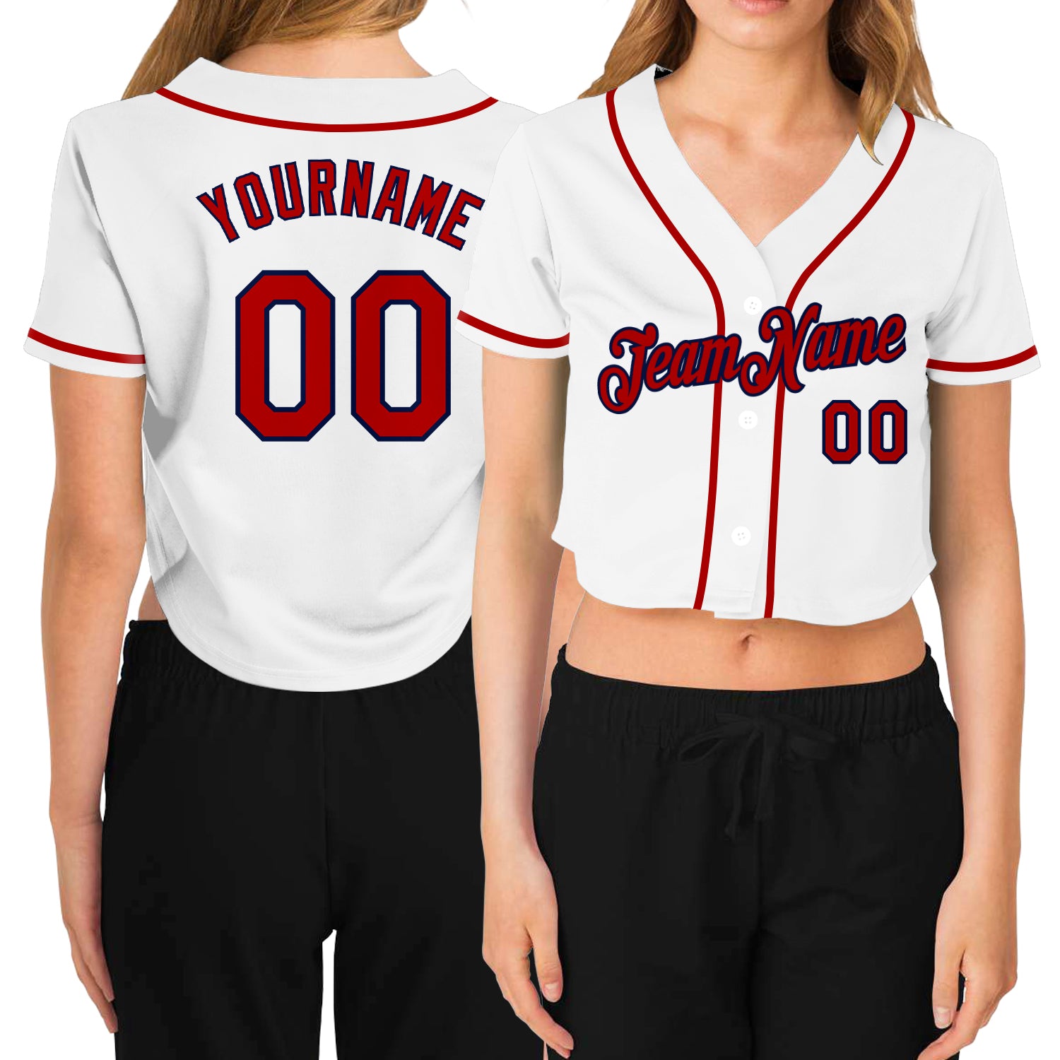 Custom Women's White Red-Navy V-Neck Cropped Baseball Jersey