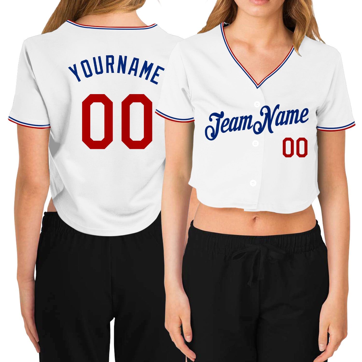 Custom Women's White Red-Royal V-Neck Cropped Baseball Jersey