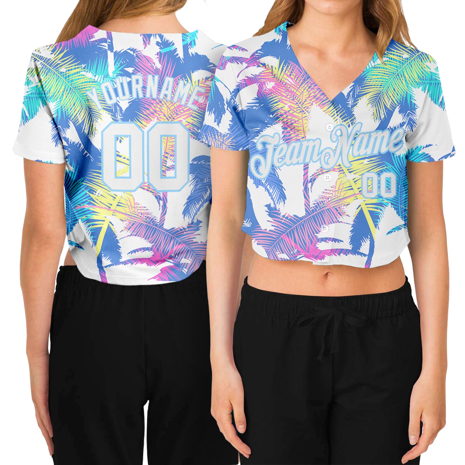 Custom Women's White White-Light Blue Hawaii Palm Trees 3D V-Neck Cropped Baseball Jersey